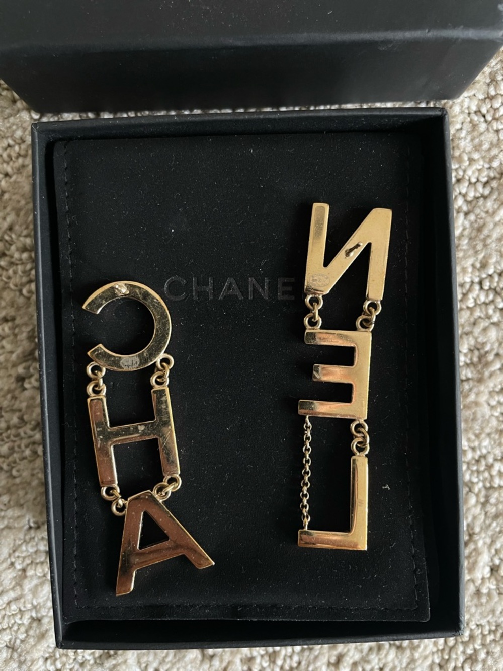 CHANEL Gold Letter Drop Logo Earrings - Picture 2 of 2